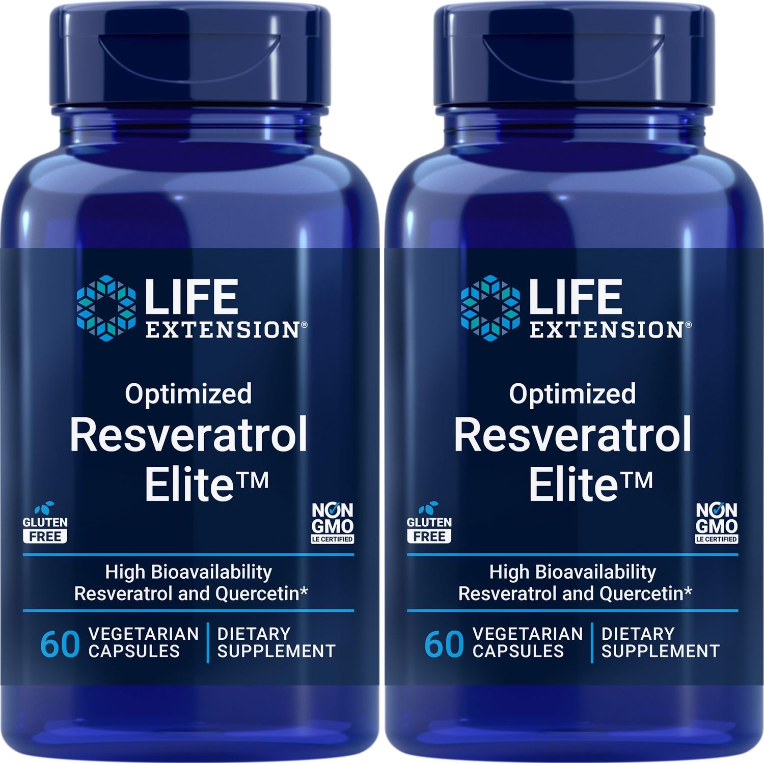 Life Extension Optimized Resveratrol Elite, 60 Vegetarian Capsules Pack of 2, with Bio-Quercetin phytosome Non GMO, Gluten Free