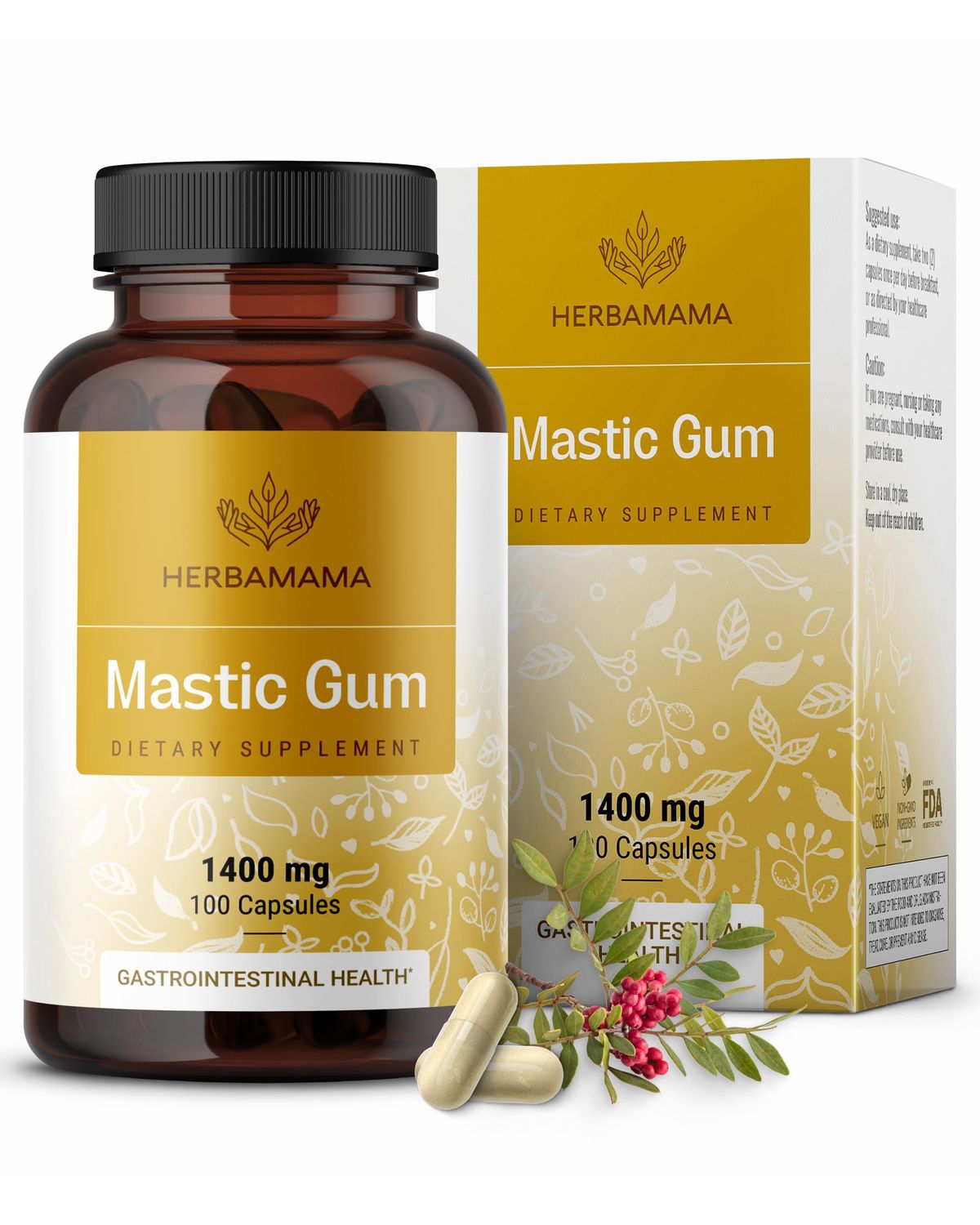 HERBAMAMA Mastic Gum Capsules - 1400mg Pure Mastic Gum Powder for Gut Digestive Cleanse Detox - Vegan, Non-GMO Digestive Support Supplement, 100 Caps