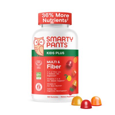 SmartyPants Kids Multivitamin Fiber Gummies: Prebiotic Fiber to Support Kids Digestion with Vitamin D3, C, Vitamin B12, B6, A, Zinc, Biotin, Folate, Three Fruit Flavors, 120 Count 40 Day Supply