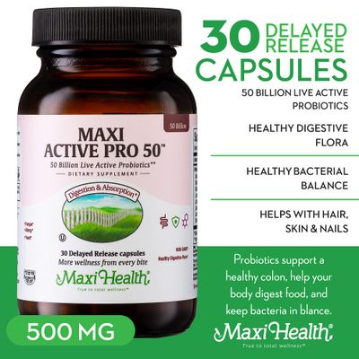 Maxi Health Probiotic Plus Ultimate Prebiotic Advanced Live Probiotics Formula - 50 Billion Live Active Probiotic - 15 Strains - Ultra Protection - Active Pro-50-30 Count