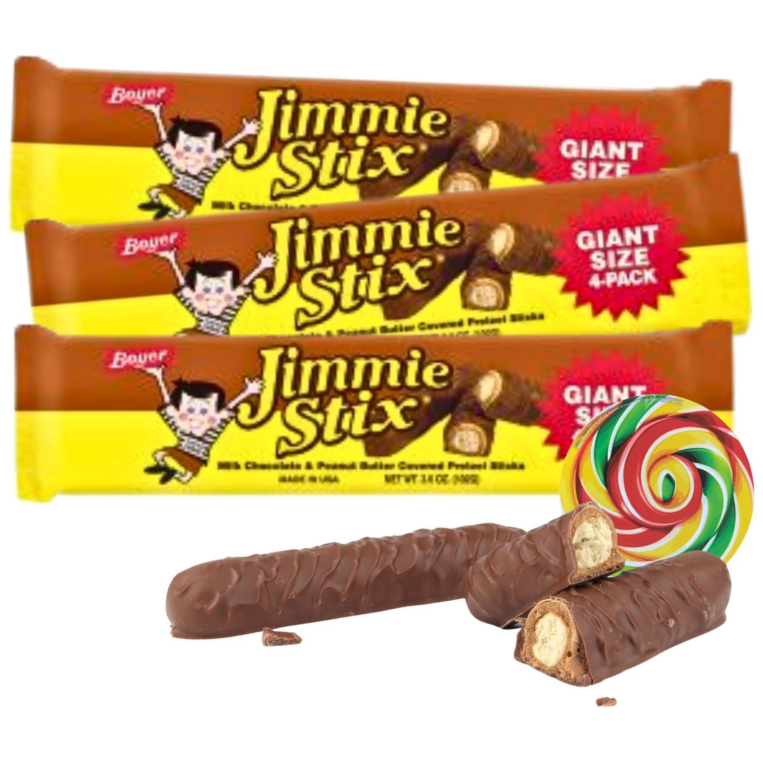 Sweetzo - Boyers Jimmy Stix, Chocolate and Peanut Butter Covered Pretzel Sticks with Swirl Sticker, Sweet and Salty Snacks, 4 per Sleeve, 3.6 Ounces Pack of 3