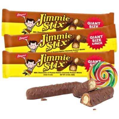 Sweetzo - Boyers Jimmy Stix, Chocolate and Peanut Butter Covered Pretzel Sticks with Swirl Sticker, Sweet and Salty Snacks, 4 per Sleeve, 3.6 Ounces Pack of 3