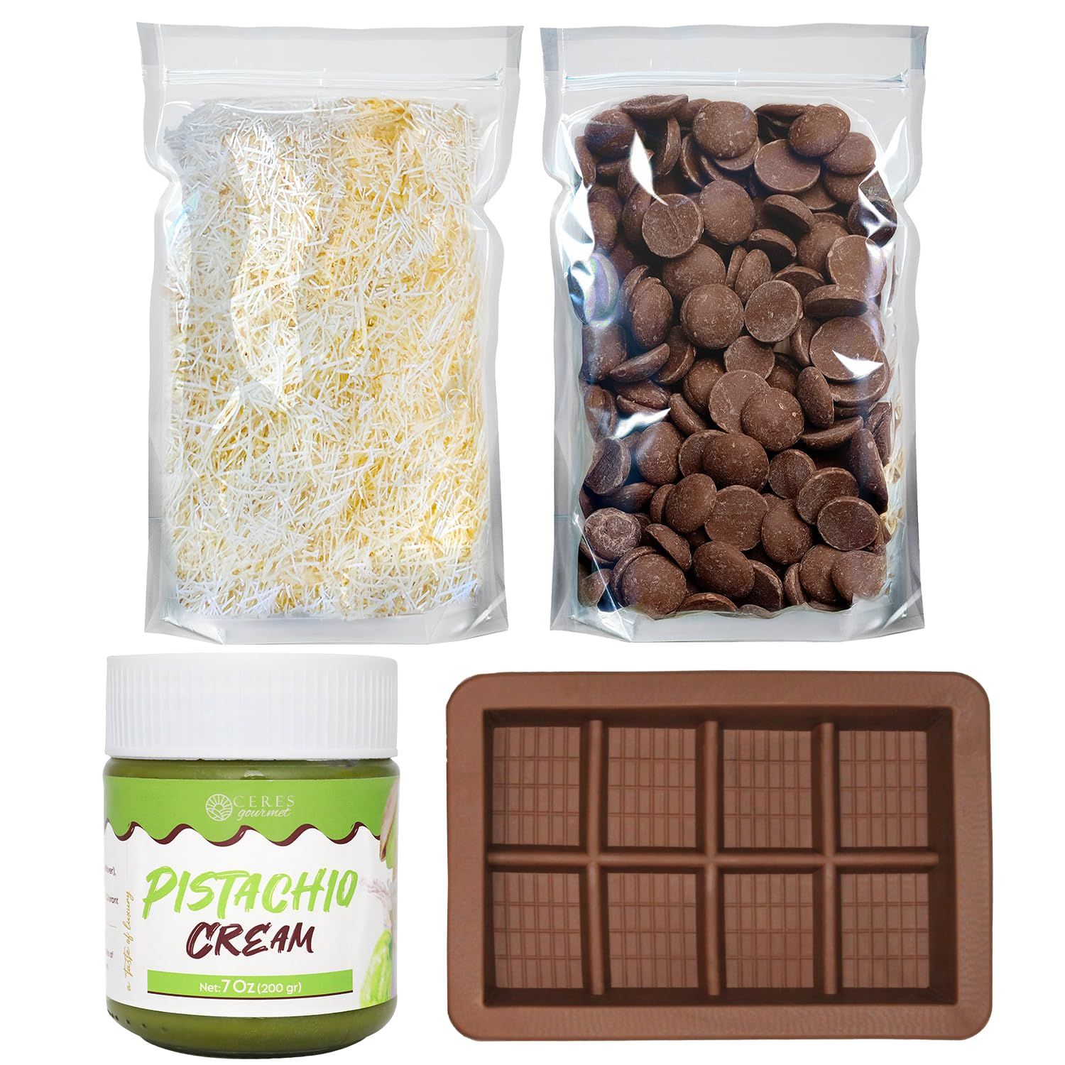 Dubai Chocolate Bar DIY Kit - Includes Mold, 12.3 oz Melting Wafers, 3.5 oz Kataifi, 7 oz Pistachio Spread - Gift Kit for Chocolate Lovers