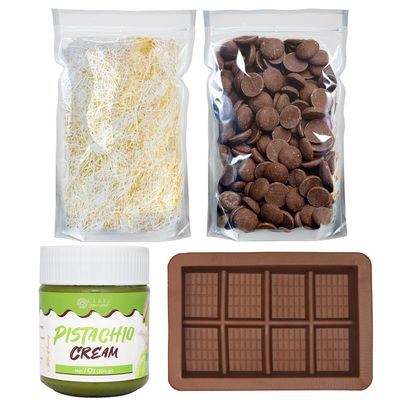 Dubai Chocolate Bar DIY Kit - Includes Mold, 12.3 oz Melting Wafers, 3.5 oz Kataifi, 7 oz Pistachio Spread - Gift Kit for Chocolate Lovers