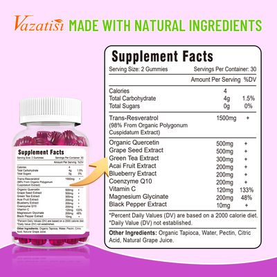 High Purity Resveratrol Gummies, 98 Trans-Resveratrol with Quercetin, Coq 10, Vitamin C, Reservatrol Supplement for Antioxidant, Anti-Aging 120 Gummies