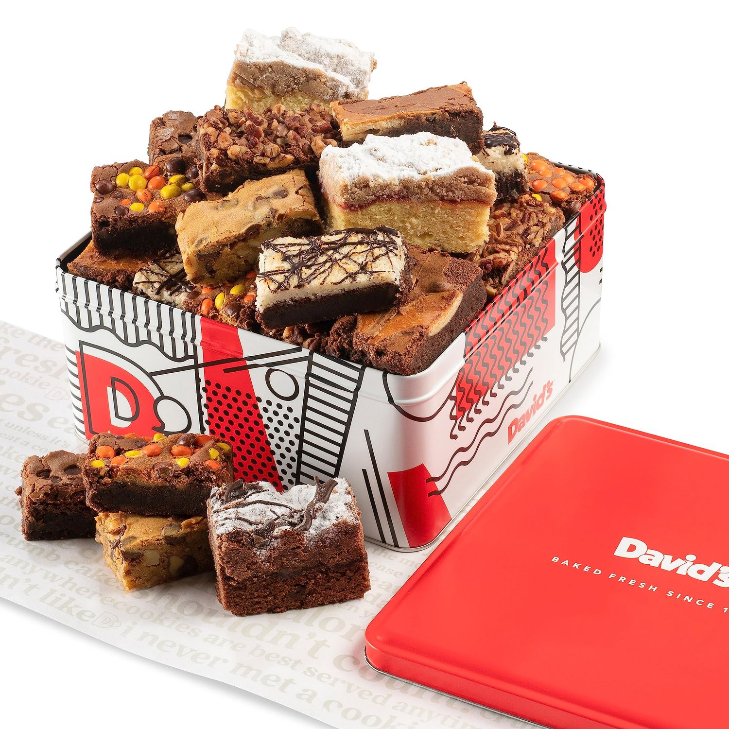 David&#39;s Cookies Assorted Brownies &amp; Crumb Cake Gift Tin 3Lbs - Delicious, Fresh Baked Snacks, Gourmet Chocolate Fudge Slices, Brownies Gift Basket - Ideal Gift for Superbowl &amp; Other Special Occasions