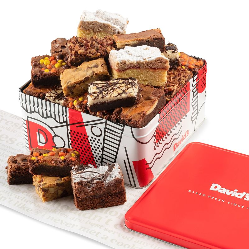 David's Cookies Assorted Brownies &amp; Crumb Cake Gift Tin 3Lbs - Delicious, Fresh Baked Snacks, Gourmet Chocolate Fudge Slices, Brownies Gift Basket - Ideal Gift for Superbowl &amp; Other Special Occasions