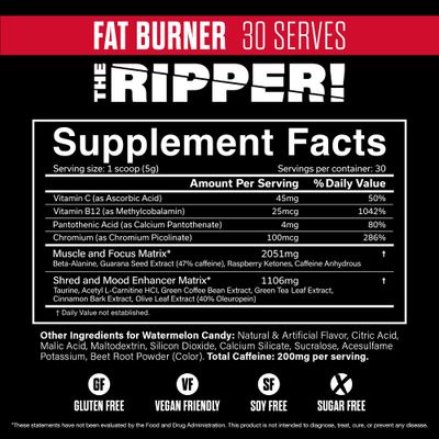 JNX SPORTS The Ripper! Shredding Thermogenic Fat Burner - Watermelon Candy 30 Servings Advanced Fast Acting Thermogenic Pre-Workout, Appetite Suppressant for Men Women