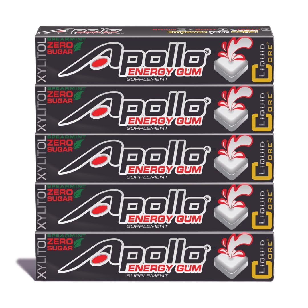 Apollo Energy Gum by Liquid Core - 80mg Natural Caffeine per Piece - Sugar-Free, Aspartame-Free, Xylitol Gum - 5 Pieces Per Pack 5 Packs