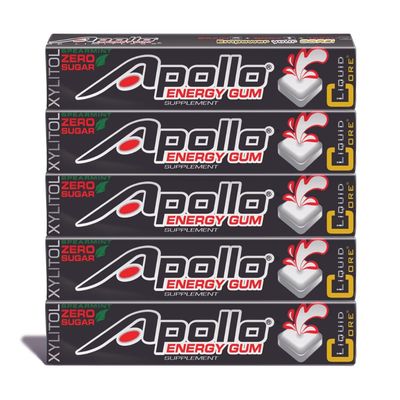 Apollo Energy Gum by Liquid Core - 80mg Natural Caffeine per Piece - Sugar-Free, Aspartame-Free, Xylitol Gum - 5 Pieces Per Pack 5 Packs