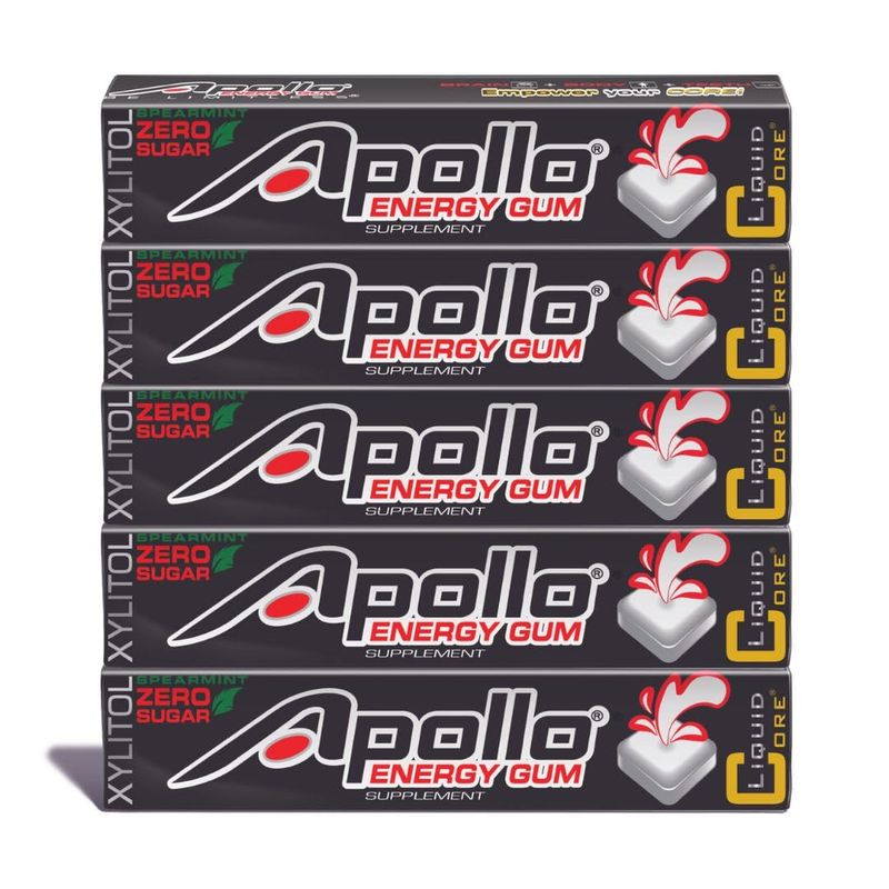 Apollo Energy Gum by Liquid Core - 80mg Natural Caffeine per Piece - Sugar-Free, Aspartame-Free, Xylitol Gum - 5 Pieces Per Pack 5 Packs