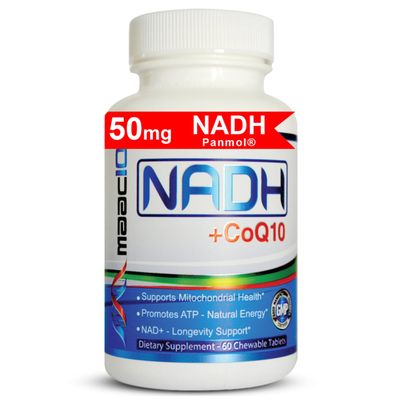 MAAC10 NADH CoQ10 Supplement Great Tasting Chewable Tablets 50mg PANMOL NADH 100mg CoQ10 for Fatigue, Energy and Mental Focus NAD Supplement 60 Tablets 2 per Serving.