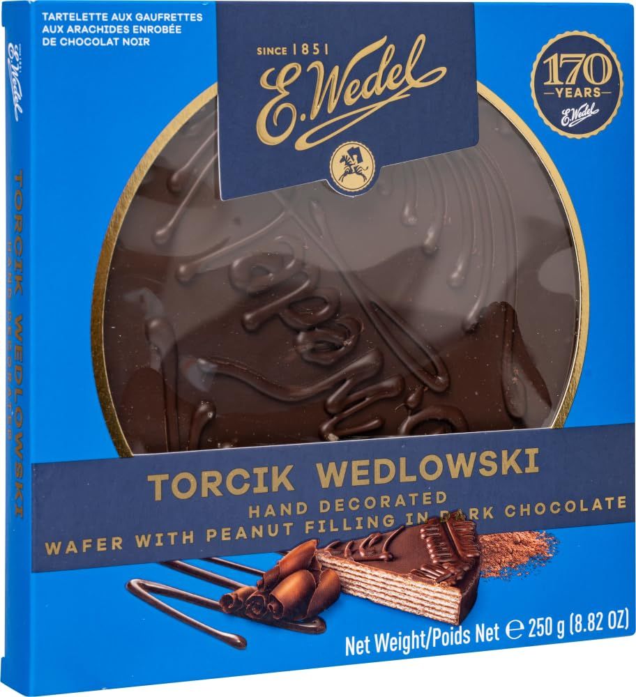 E. Wedel, Torcik Wedlowski, Polish Hand Decorated Wafer Cake with Peanut Filling in Dark Chocolate, 250g8.82oz