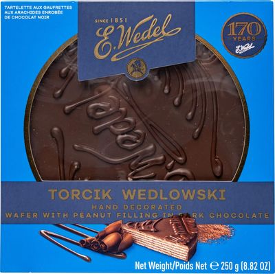 E. Wedel, Torcik Wedlowski, Polish Hand Decorated Wafer Cake with Peanut Filling in Dark Chocolate, 250g8.82oz