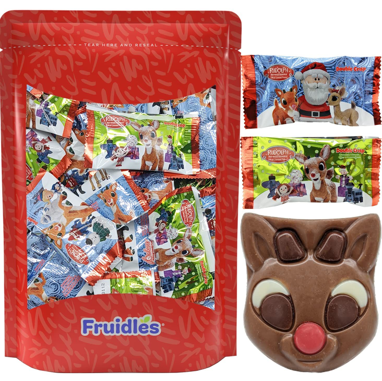 Fruidles Christmas Rudolph Chocolate Holiday Treats, Double Crisp, Milk Chocolate Pop Party Bag Fillers, Individually Wrapped, Kosher Certified Dairy, 2 Treats 1 Pound