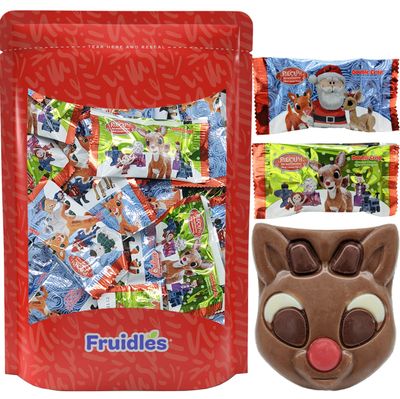 Fruidles Christmas Rudolph Chocolate Holiday Treats, Double Crisp, Milk Chocolate Pop Party Bag Fillers, Individually Wrapped, Kosher Certified Dairy, 2 Treats 1 Pound