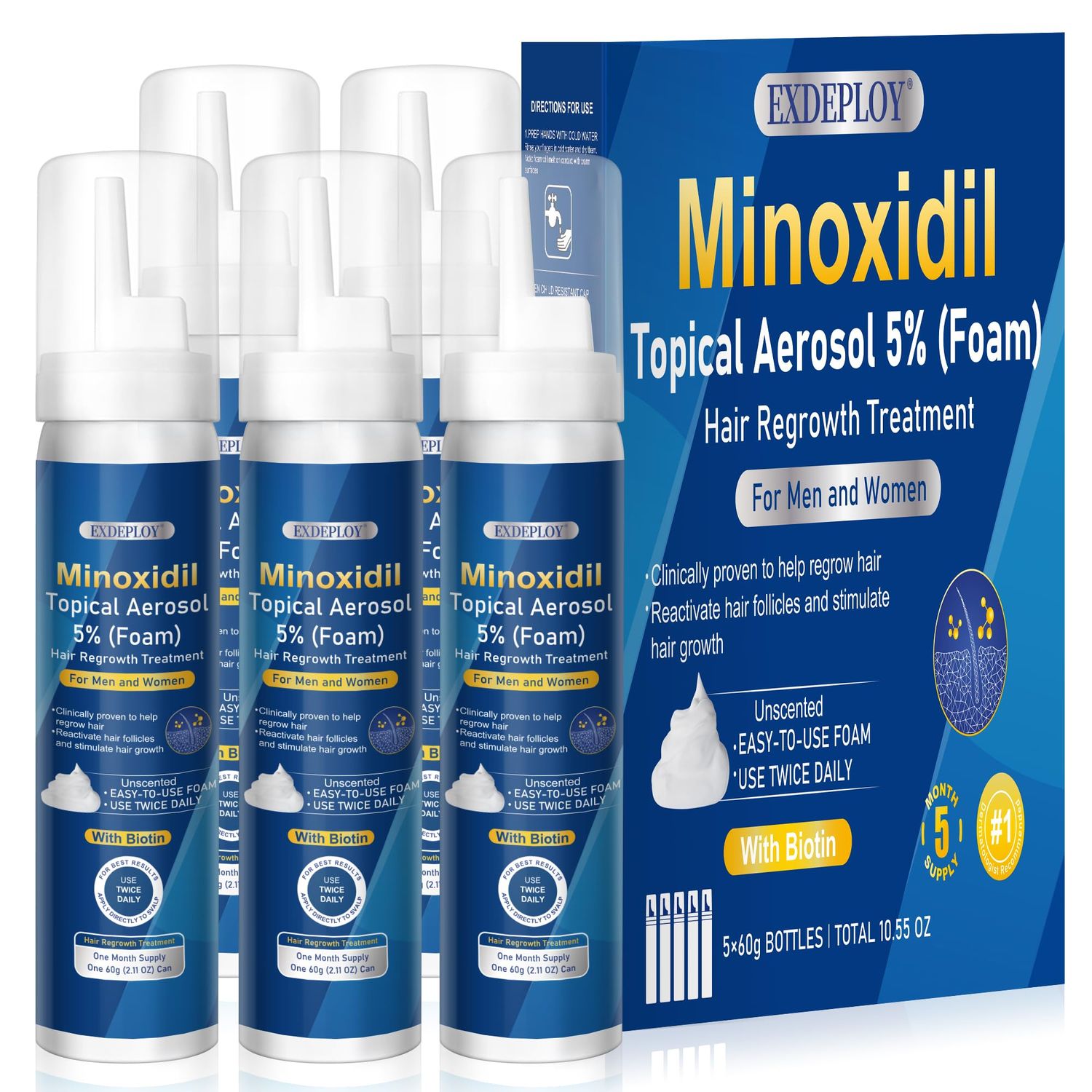 5 minoxidil foam for men-5pack Infused with Biotin, Hair Growth Treatment, Supports Thicker and Fuller Hair Beard 10.5oz, 5 Month Supply