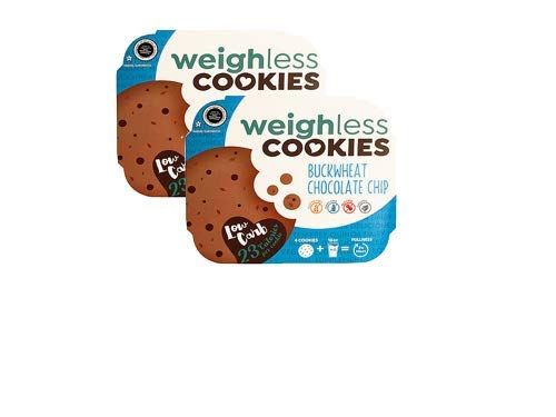Weighless Cookies - Buckwheat Chocolate Chip - 2 Pack - Healthy, Gluten Free, Low Carb, Only 23 Calories Per Cookie, 4 Cookies In Each Pack