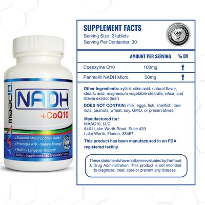MAAC10 NADH CoQ10 Supplement Great Tasting Chewable Tablets 50mg PANMOL NADH 100mg CoQ10 for Fatigue, Energy and Mental Focus NAD Supplement 60 Tablets 2 per Serving.