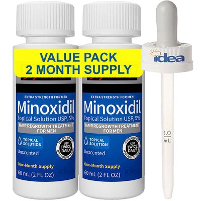 Extra Strength Minoxidil 5 Topical Solution Compatible with Kirkland 2-Month Supply with Idea Shop USA Dropper Growth Treatment and Hair Loss Prevention 2 Fl Oz - Pack of 2