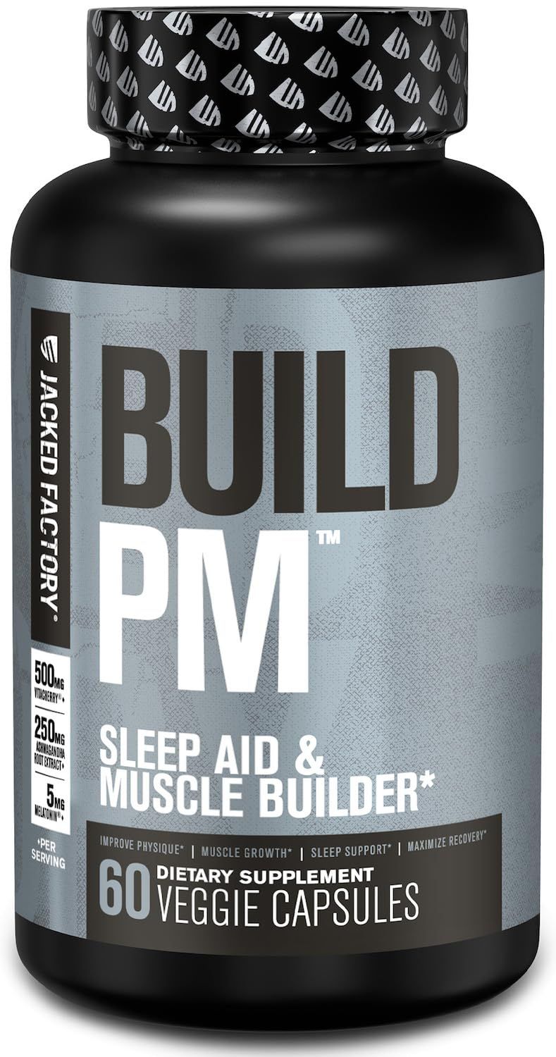 Jacked Factory Build PM Night Time Muscle Builder Sleep Aid - Post Workout Recovery Sleep Support Supplement wVitaCherry Tart Cherry, Ashwagandha, Melatonin - 60 Natural Veggie Pills