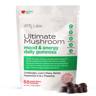 ATRx Labs Ultimate Mushroom Daily Gummies - Mushroom Gummies with Cordyceps, Lion s Mane, and Reishi, Plus Huperzine A L-Theanine, May Improve Mood and Energy, Apple Berry Flavor, 60 Gummies