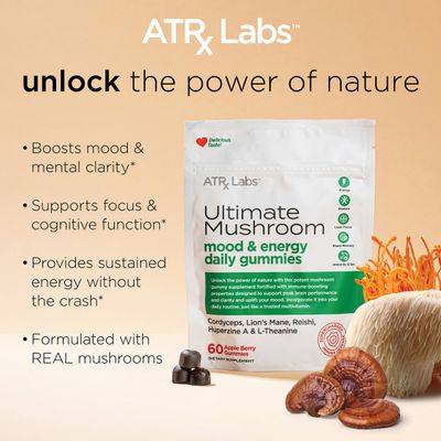 ATRx Labs Ultimate Mushroom Daily Gummies - Mushroom Gummies with Cordyceps, Lion s Mane, and Reishi, Plus Huperzine A L-Theanine, May Improve Mood and Energy, Apple Berry Flavor, 60 Gummies