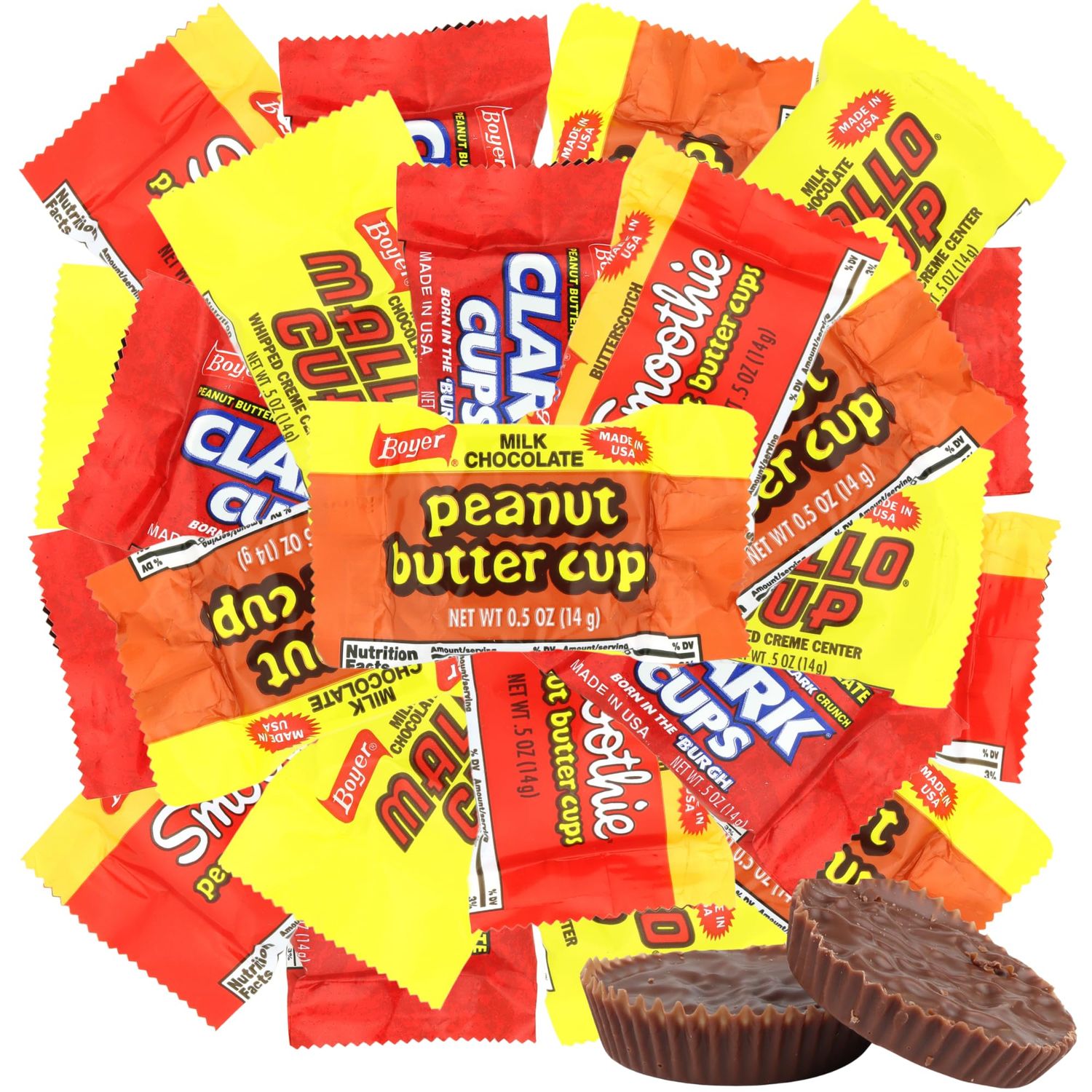 Sweetzo - Boyer Individually Wrapped Candy Cups Variety, Peanut Butter, Mallo, Clark Crunch, and Smoothie, 0.5 Ounces Each Pack of 20