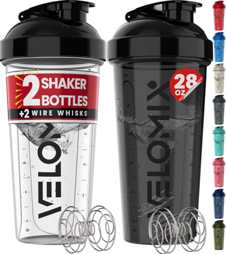 VELOMIX -2 Pack- 28 oz Protein Shaker Bottles for Protein Mixes - 2x Wire Whisk  Leak Proof Shaker Cups for Protein Shakes  Protein Shaker Bottle Pack  Shakers for Protein Shakes-Black&amp;Transparent