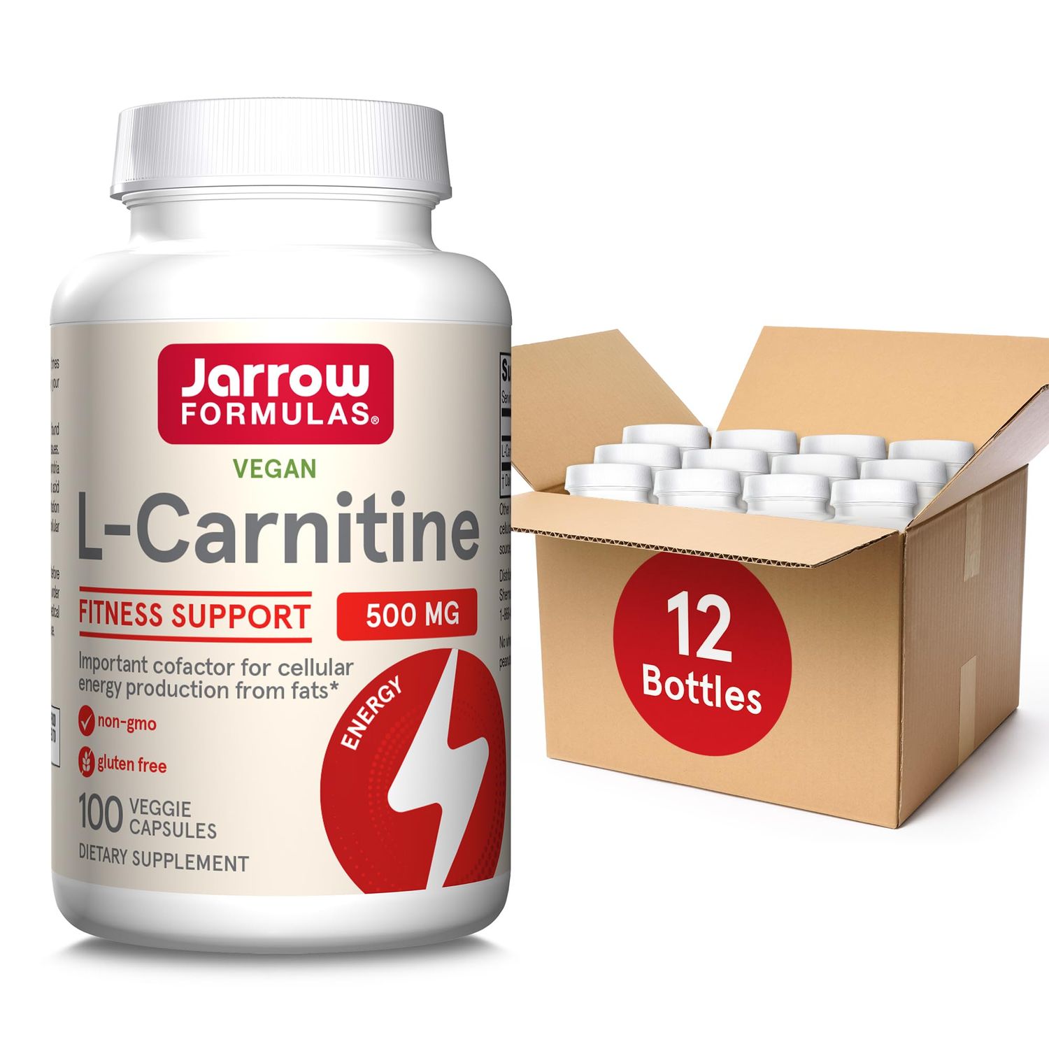 Jarrow Formulas L-Carnitine 500 mg, Dietary Supplement, Support for Cellular Energy Production, 100 Veggie Capsules, 100 Day Supply Pack of 12