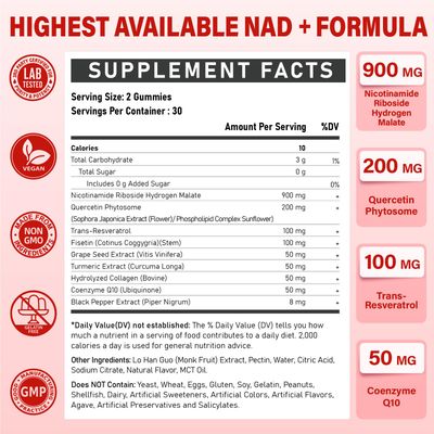Tcemundry NAD Supplement Gummies for Women Men - Liposomal NAD Nicotinamide Riboside 900mg with Resveratrol, Quercetin, CoQ10, Fisetin - NAD Resveratrol Supplement, Vegan, Non-GMO, 120 Gummies