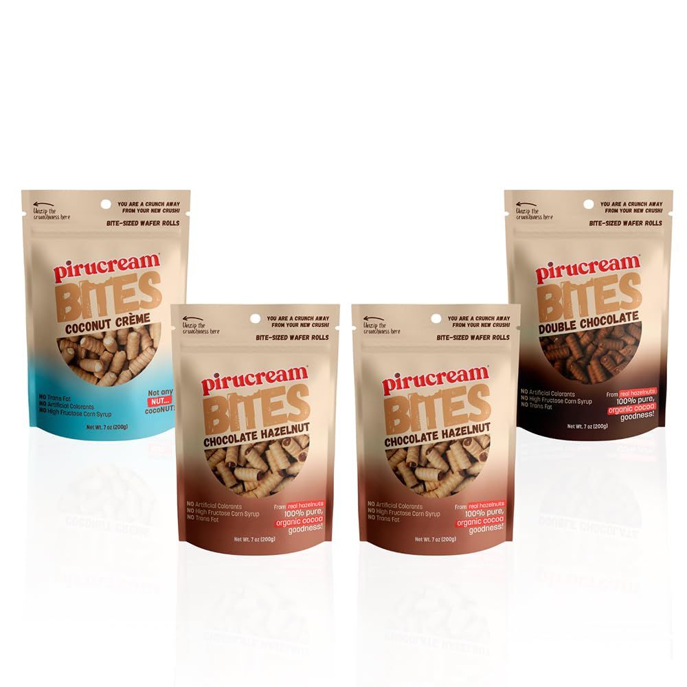 Pirucream Bites Wafer Rolls Bundle - 2 Hazelnut Chocolate 1 Double Chocolate 1 Coconut Creme Filled Crispy Rolled Wafers Snack Sticks Perfect for Coffee Ice Cream Screen Time Breaks 7 Oz Each