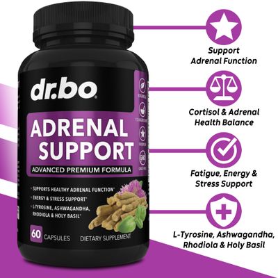 Adrenal Support Cortisol Manager Supplement - Adrenal Fatigue Supplements for Women Men with Natural Adaptogen Ashwagandha Holy Basil Rhodiola L Tyrosine Complex Fatigue Cortisol Health - 60 Pills
