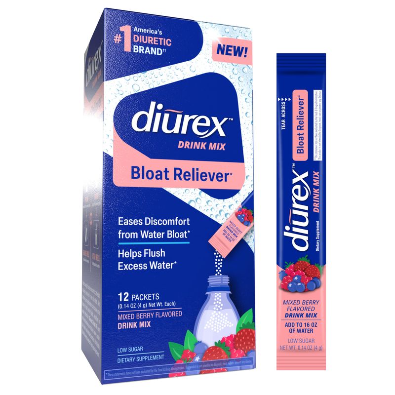 Diurex Drink Mix - Bloat Relief - Mixed Berry Flavor - Diuretic Supplement with Diurex Proprietary Bloat-Relieving Blend - Single Serve - 12 Pack