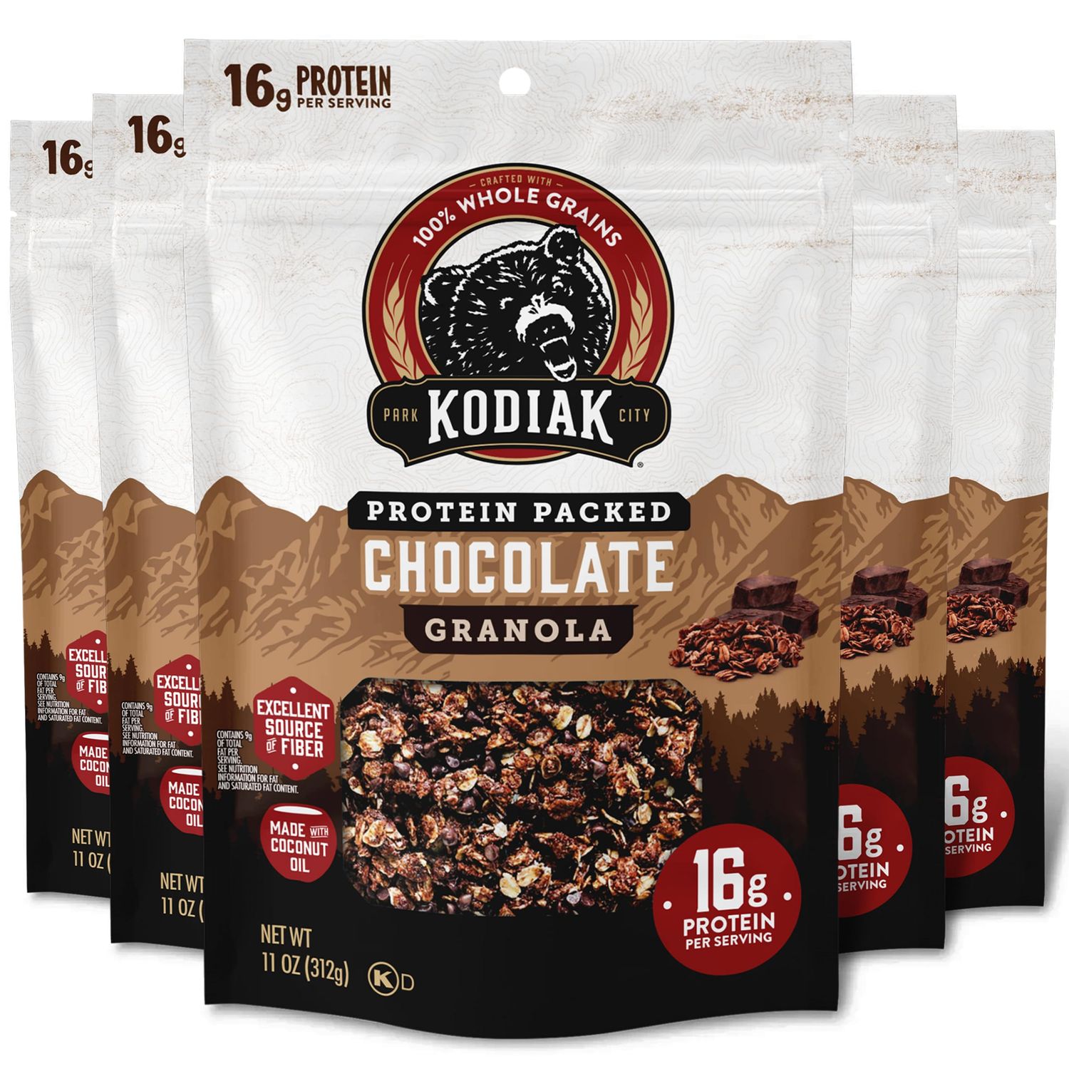 Kodiak Cakes Granola Pouch, Chocolate, High Protein, 100 Whole Grains Pack of 5 pouches