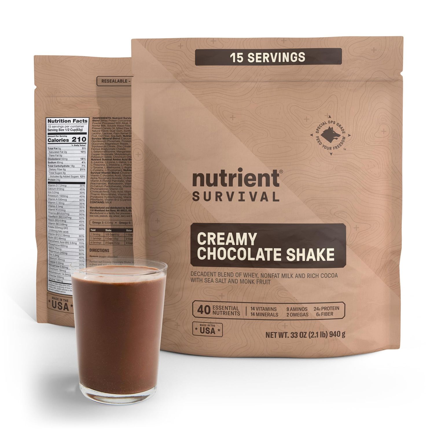 Nutrient Survival Creamy Chocolate Whey Protein Shake: Gluten-Free, High-Protein Breakfast or Meal Replacement Shake, Perfect Dark Chocolate Smoothie Beverage 15 Servings