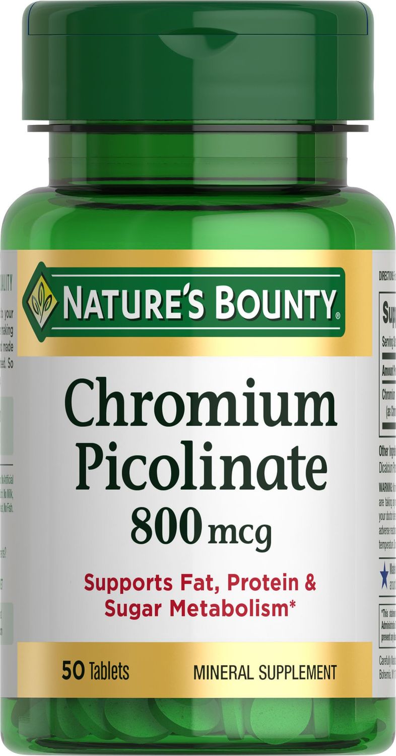 Natures Bounty Chromium Picolinate, Supports Fat, Protein Sugar Metabolism, Mineral Supplement, 800 mcg, 50 Tablets
