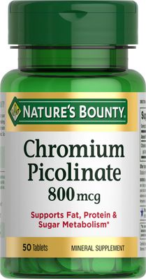 Natures Bounty Chromium Picolinate, Supports Fat, Protein Sugar Metabolism, Mineral Supplement, 800 mcg, 50 Tablets