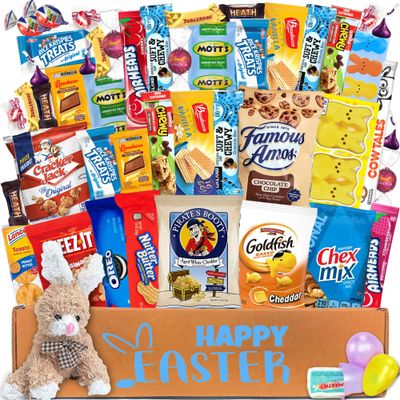 Easter Snack Box Care Package 50ct Candy Chocolates Assortment, Cookies Food Bars Basket Gift Pack Bundle for Boy Girl Friend College Student Child Adults Kids Grandkids Office