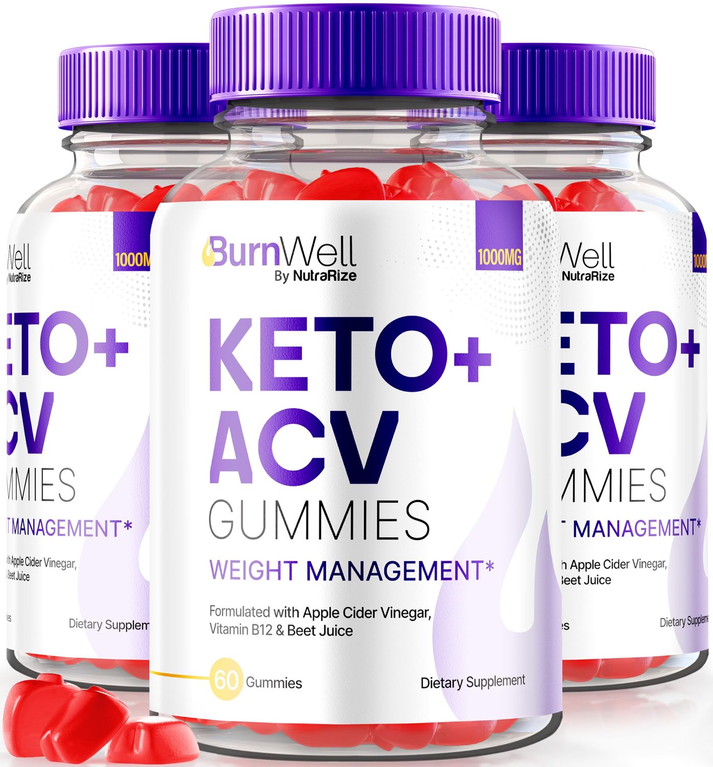 NutraRize Pack of 3 BurnWell KetoACV Gummies, Weight Loss Formula, 1000 MG Apple Cider Vinegar, Keto with B-Vitamins Plus ACV Gummy, Official Reviews 180 Gummies