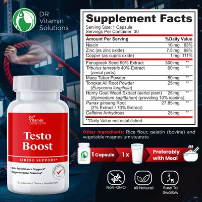 Dr. Vitamin Testo Boost Supplement for Men - Stamina, Endurance Energy Enhancement - Male Testosterone Booster w Fenugreek, Tribulus, Tongkat Ali, Horny Goat Weed - 30 Capsules