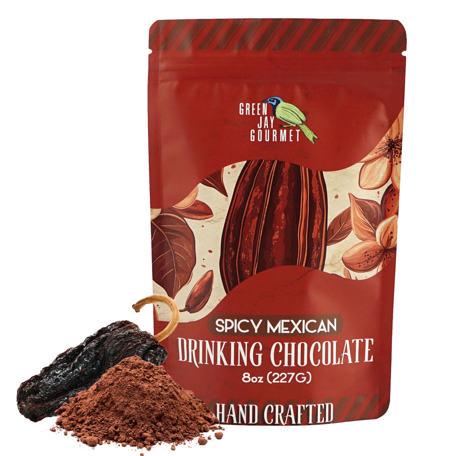 Green Jay Gourmet Hot Chocolate Mix - Spicy Mexican Hot Cocoa Mix for an Indulgent Drinking Chocolate Experience - Smooth, All Natural Hot Coco wTurbinado Sugar Ancho Chile Powder - 8 Ounces