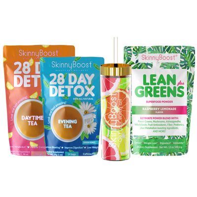 Skinny Boost Tea Kit-1 Daytime Tea 28 Bags 1 Evening Detox Tea 14 Bags, Lean Greens Plus Superfood Powder, FREE Tumbler, Non GMO, Vegan, All Natural Detox and Cleanse