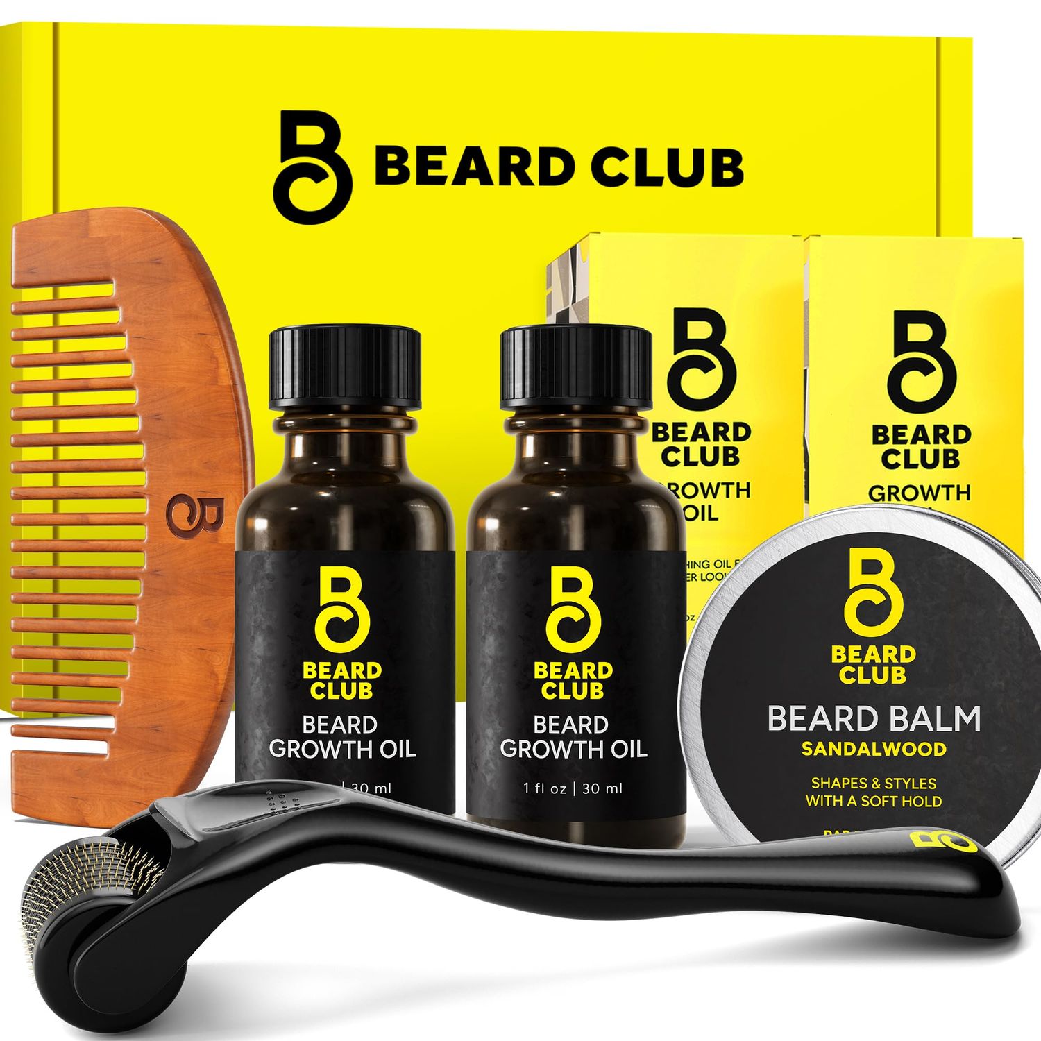 The Beard Club Enhanced Beard Growth Kit - Derma Roller, Beard Growth Oil 2PK, Sandalwood Beard Balm, Comb - Gift Set