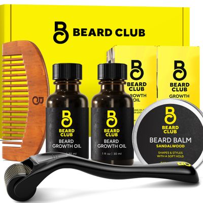 The Beard Club Enhanced Beard Growth Kit - Derma Roller, Beard Growth Oil 2PK, Sandalwood Beard Balm, Comb - Gift Set