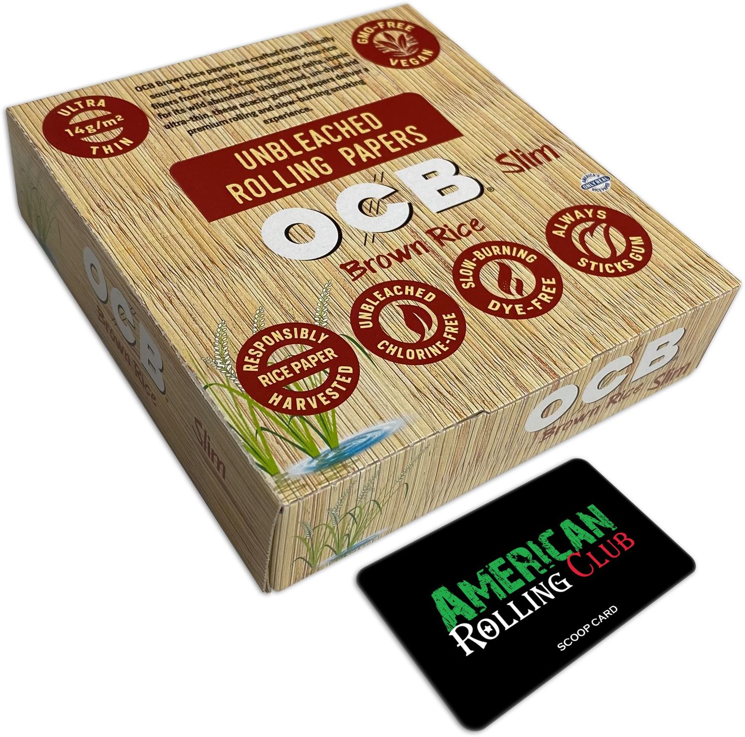 OCB Brown Rice King Size Slim Cigarette Papers Includes Papers and ARC Scoop Card Full Box