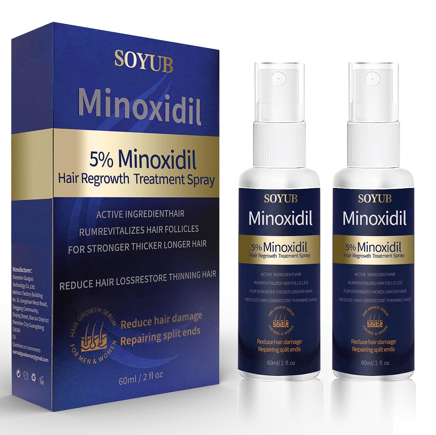 5 Minoxidil For Men Hair Growth, Minoxidil For Women Hair Regrowth Serum Spray, Stop Hair Thinning and Hair Stronger Thicker Longer Healthier - 2.02 Fl.Oz 2 Bottles