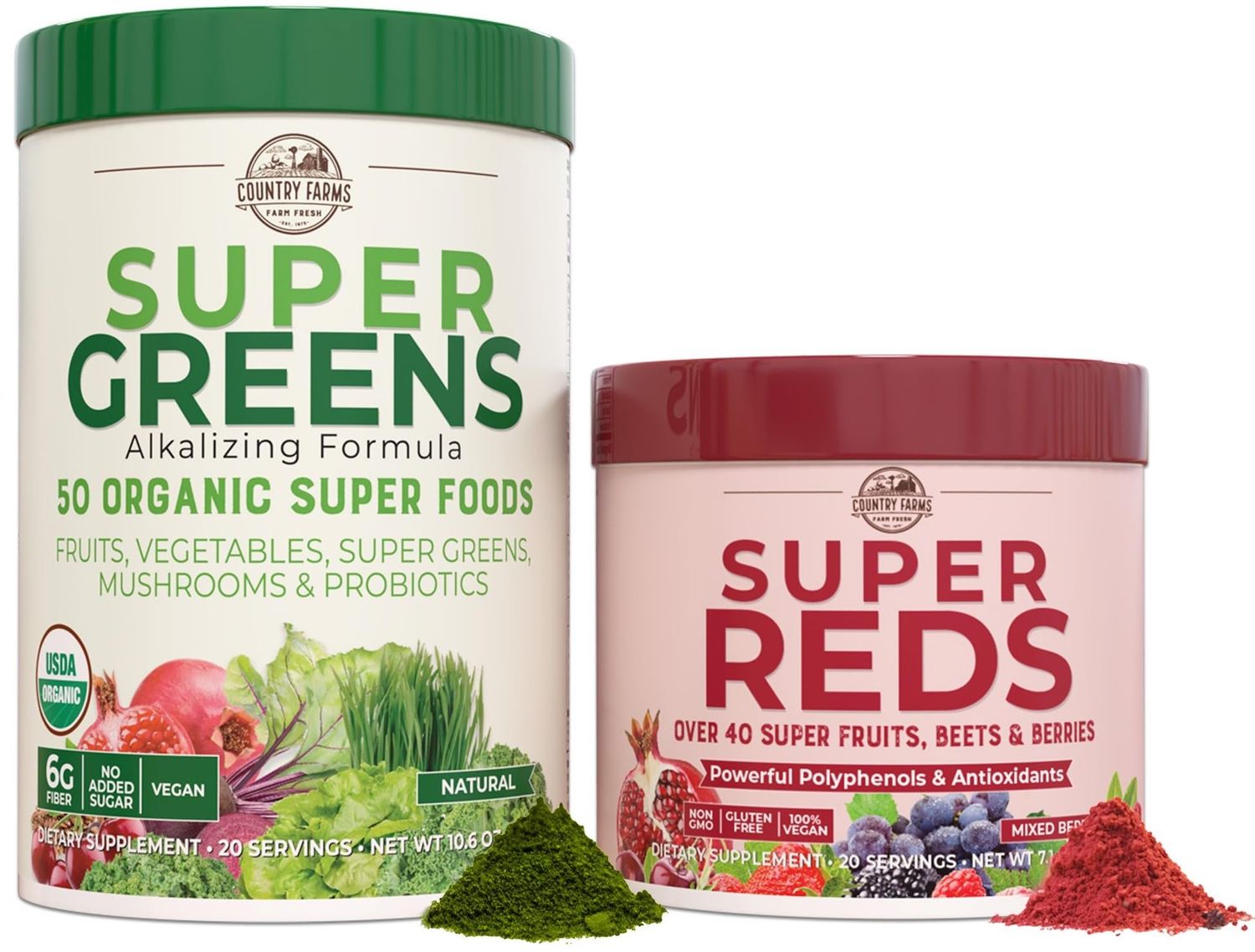 COUNTRY FARMS Essential Pack, Super Greens Powder and Super Reds, Packed with 50 Organic Super Foods and 40 Super Fruits, Natural Energy, Bloating Support, Unflavored Berry Flavor, 17.7 oz, 2 Pack