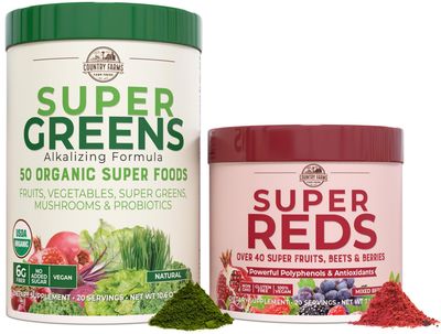 COUNTRY FARMS Essential Pack, Super Greens Powder and Super Reds, Packed with 50 Organic Super Foods and 40 Super Fruits, Natural Energy, Bloating Support, Unflavored Berry Flavor, 17.7 oz, 2 Pack