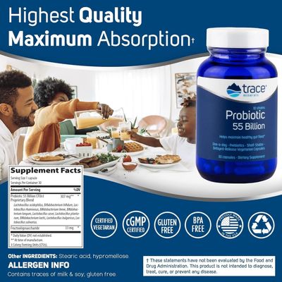 Trace Minerals Probiotic 55 Billion - Gut Health Support Supplement with Probiotics Prebiotics - Dietary Supplement to Support Healthy Gut Flora Digestive Health - 30 Capsules 30 Servings